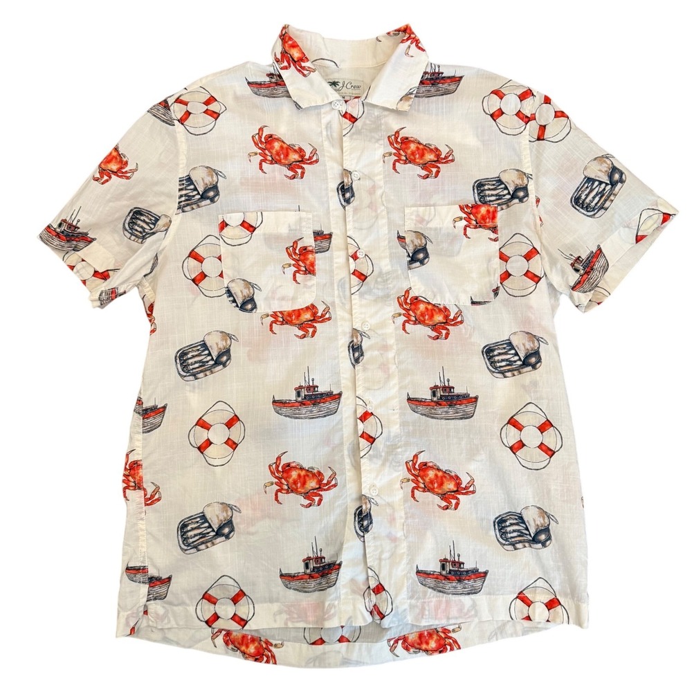 J. Crew VTG Retro Crabs Boats Fish Beach Sailing Button-Up Shirt‎ Size M Coastal